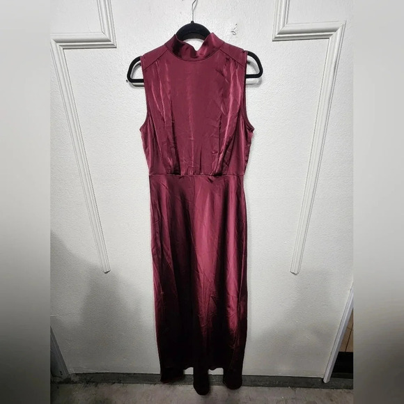 Lulus Classic Elegance Wine Satin Sleeveless Mock Neck Maxi Dress Wedding Party - Picture 6 of 11